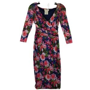 Fuzzi Mesh Floral Rose Print V-Neck Sheath Dress Navy Pink Made in Italy Small
